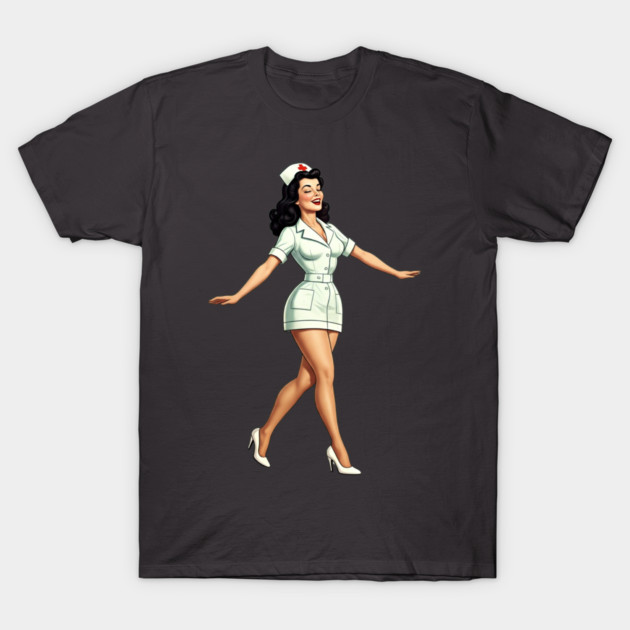 Happy Retro Brunette Nurse Pinup Girl T-Shirt by Hecate Pim