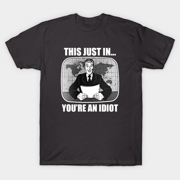Black graphic t-shirt with humorous vintage TV news print, cotton material, casual wear.
