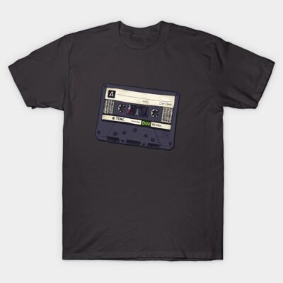 Black T-shirt with retro cassette tape design, casual style, cotton material, perfect for music lovers.