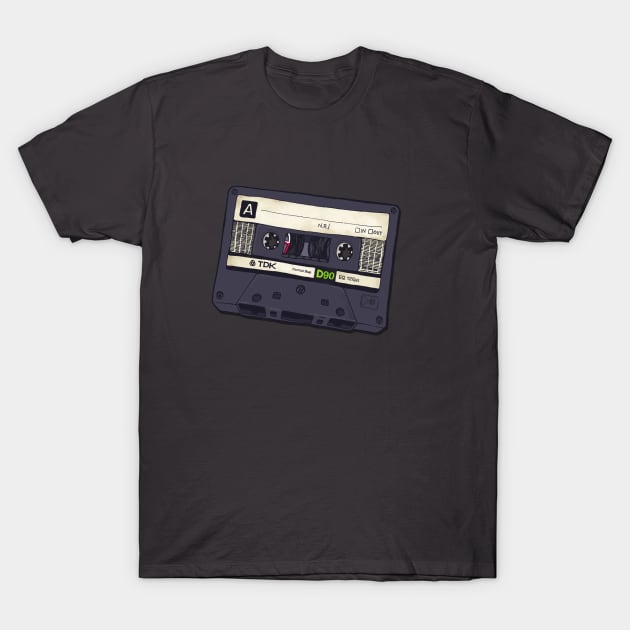 Black T-shirt with retro cassette tape design, casual style, cotton material, perfect for music lovers.