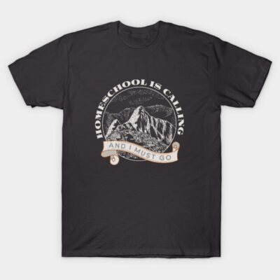 Black graphic t-shirt with "Homeschool is Calling" mountain design, casual unisex cotton apparel.