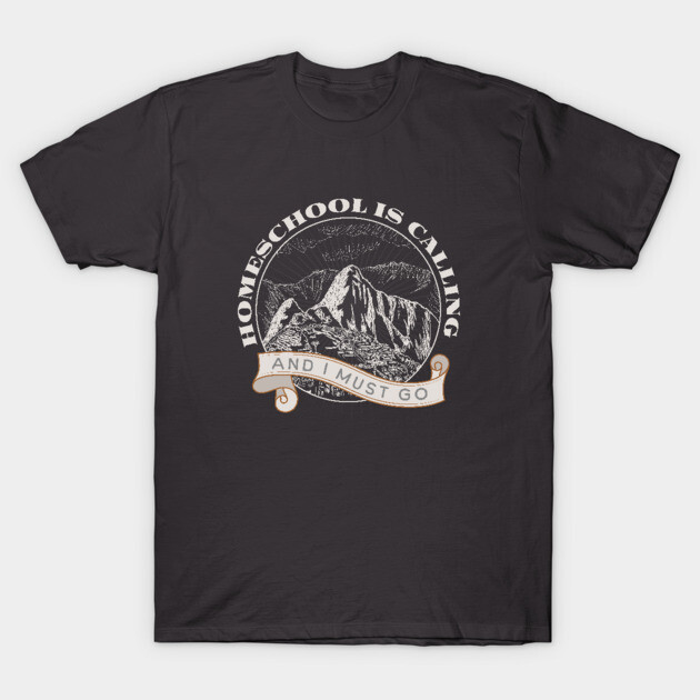 Black graphic t-shirt with "Homeschool is Calling" mountain design, casual unisex cotton apparel.
