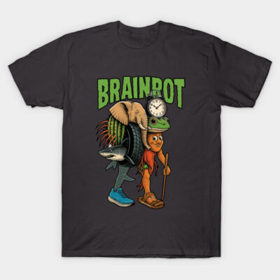 "Black graphic t-shirt featuring colorful surreal design with text 'Brainbot', ideal for casual wear."