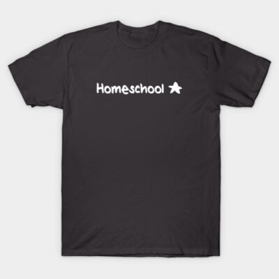 Black cotton t-shirt with "Homeschool" text and star graphic, casual style, ideal for everyday wear.