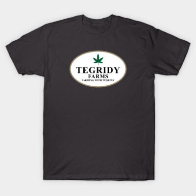 Charcoal black t-shirt with "Tegridy Farms" logo, casual style, cotton fabric, perfect for everyday wear.