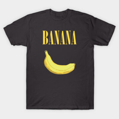 Black t-shirt with yellow banana graphic and text. Casual cotton clothing, fun fruit-themed design for everyday wear.