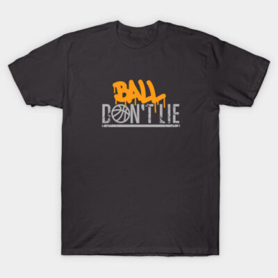Black t-shirt with orange and white "Ball Don't Lie" graphic, casual sportswear, cotton, unisex, large size.