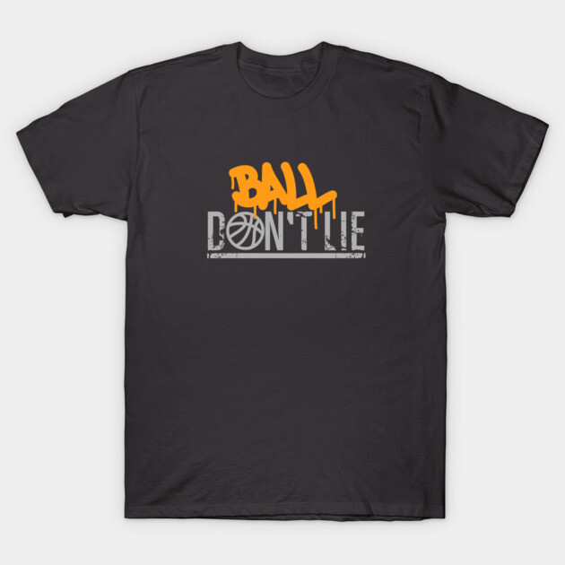 Black t-shirt with orange and white "Ball Don't Lie" graphic, casual sportswear, cotton, unisex, large size.
