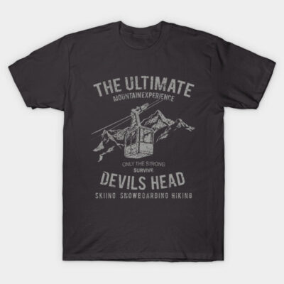 "Black graphic t-shirt with mountain and cable car design, text reads 'The Ultimate Mountain Experience Devils Head.'"