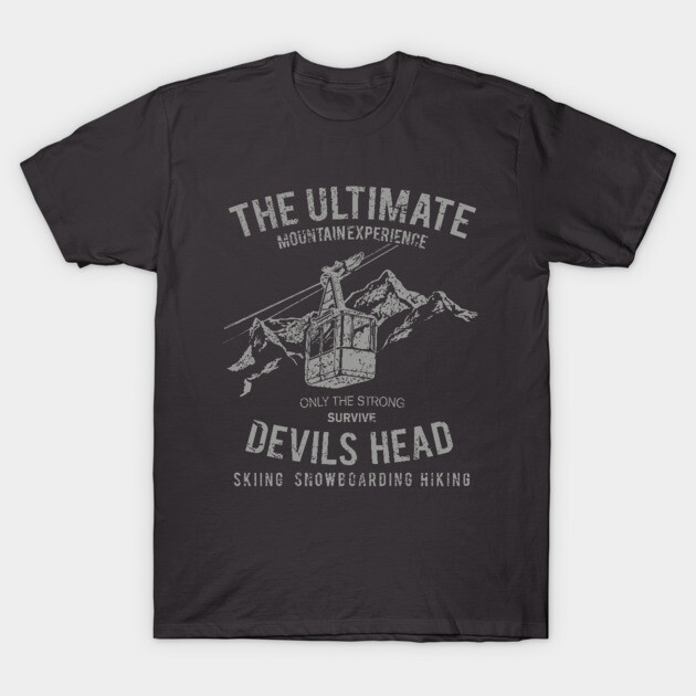 "Black graphic t-shirt with mountain and cable car design, text reads 'The Ultimate Mountain Experience Devils Head.'"