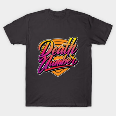 Black graphic t-shirt with vibrant "Death Number" design, perfect for casual wear. Bold and colorful style.