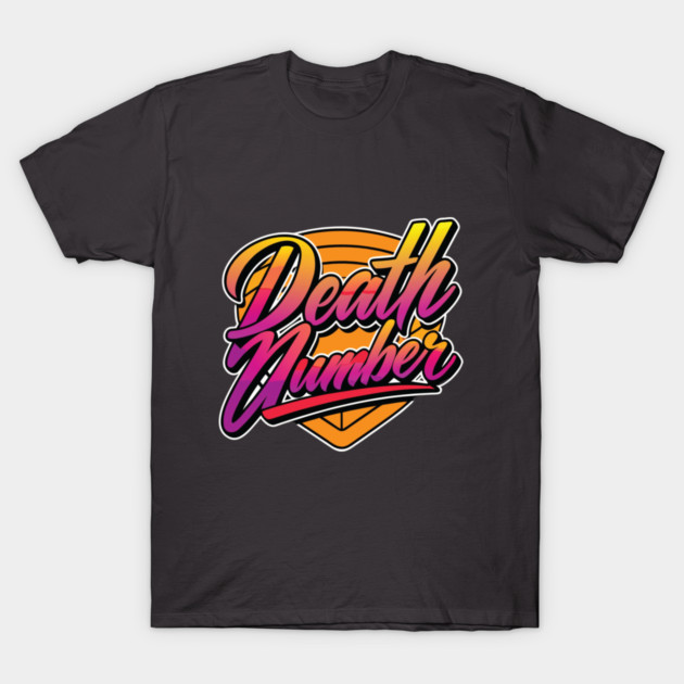 Black graphic t-shirt with vibrant "Death Number" design, perfect for casual wear. Bold and colorful style.