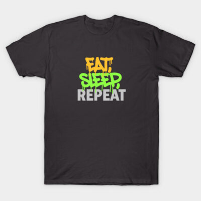 Black cotton t-shirt with "Eat Sleep Repeat" slogan in vibrant orange, green, and white graffiti style text.