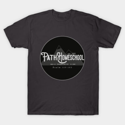 Black cotton t-shirt with "Path Homeschool" logo, casual style, ideal for everyday wear.