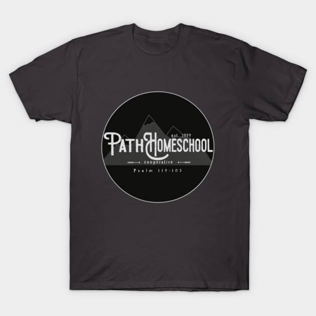 Black cotton t-shirt with "Path Homeschool" logo, casual style, ideal for everyday wear.