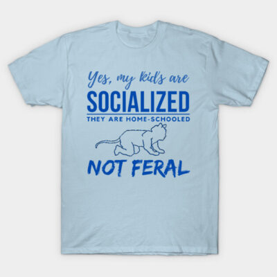 Light blue t-shirt with humorous homeschooling slogan in blue text, featuring playful cat illustration. Casual cotton apparel.