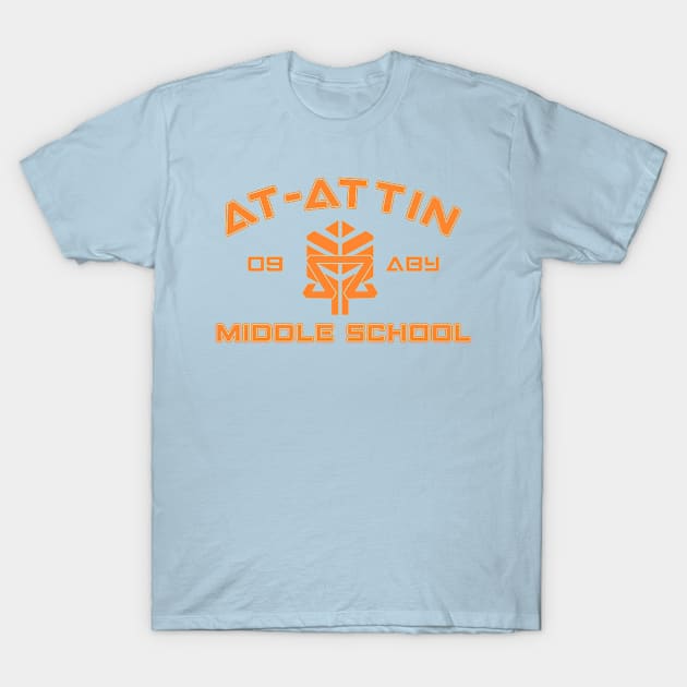 Light blue graphic t-shirt with orange text design, featuring a middle school theme, ideal for casual wear.