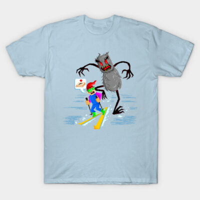 Light blue t-shirt with a colorful cartoon skiers design, featuring a playful monster, made of soft cotton.