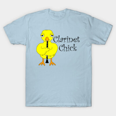 Light blue t-shirt featuring a cute yellow chick playing a clarinet, with the text "Clarinet Chick" in whimsical font.