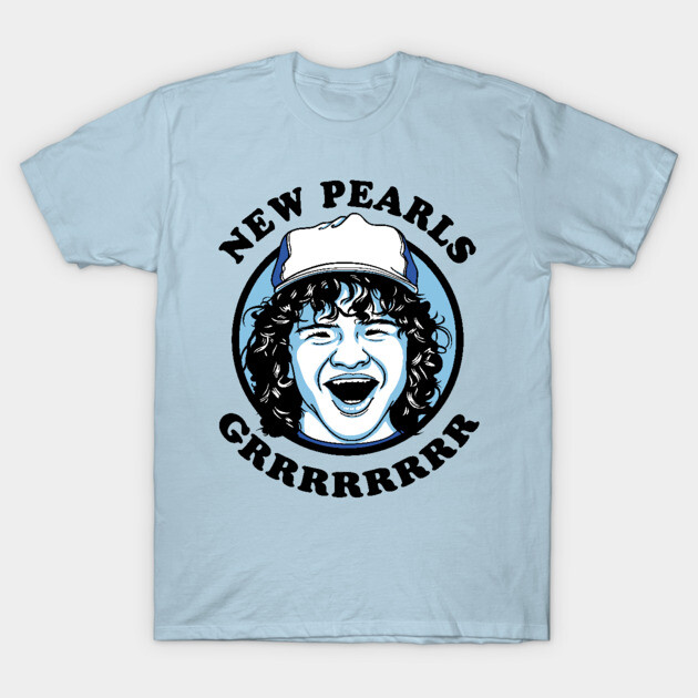 New Pearls T-Shirt 1 Light blue graphic t-shirt with bold text and cartoon illustration, casual style, 100% cotton, perfect for daily wear.