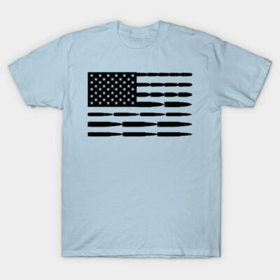 Light blue t-shirt with black graphic featuring a bullet-themed American flag design, casual cotton material.
