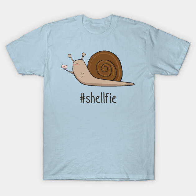 Shellfie- Cute Snail Selfie Gift T-Shirt 1 Light blue t-shirt with a snail graphic and "#shellfie" text, casual style, soft cotton, unisex.