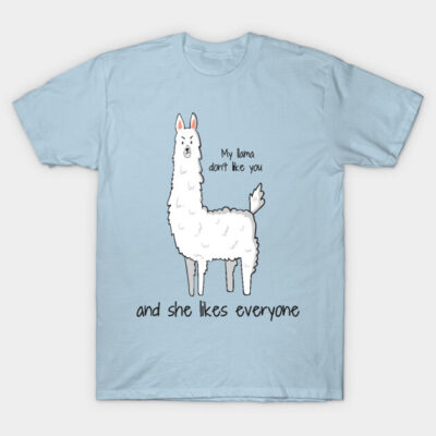 Light blue t-shirt with cute llama graphic and humorous text, casual style, perfect for everyday wear.