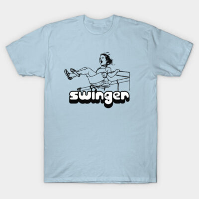 Light blue t-shirt with playful "swinger" graphic, casual style, perfect for everyday wear, comfortable cotton material.
