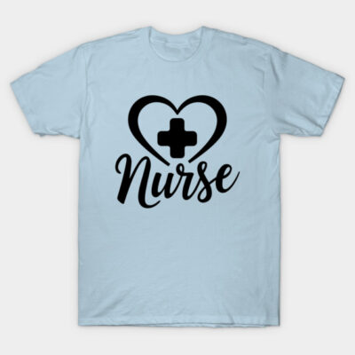 Light blue t-shirt with black "Nurse" heart design, casual style, 100% cotton, ideal for healthcare professionals.