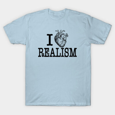Light blue T-shirt with "I Love Realism" text and anatomical heart graphic, casual style, cotton material.