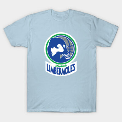 Light blue T-shirt with "Limbermoles" graphic logo, featuring a stylized animal design, ideal for casual wear.