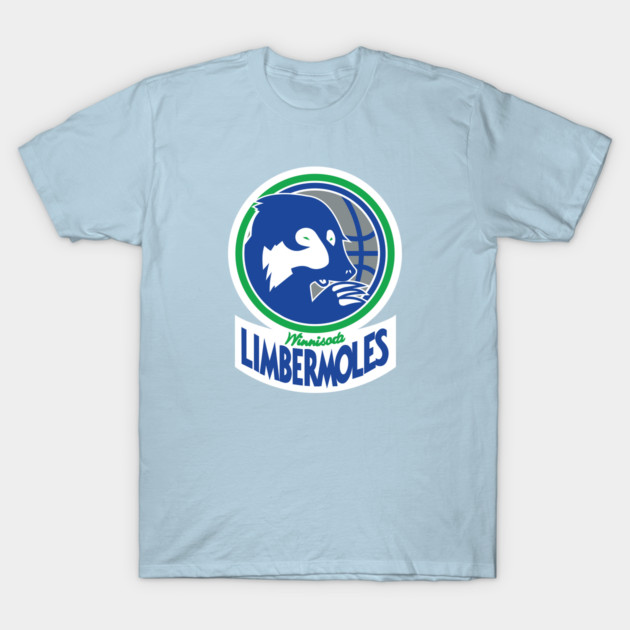 Light blue T-shirt with "Limbermoles" graphic logo, featuring a stylized animal design, ideal for casual wear.