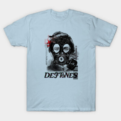 Light blue graphic t-shirt with gas mask design, bold text, casual style, 100% cotton, unisex.