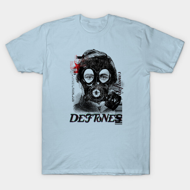 Light blue graphic t-shirt with gas mask design, bold text, casual style, 100% cotton, unisex.