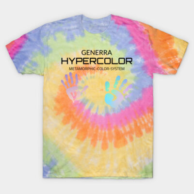 Tie-dye t-shirt with colorful spiral design and text, ideal for casual wear. 100% cotton, vibrant summer style.