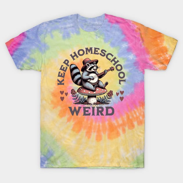 Tie-dye t-shirt with "Keep Homeschool Weird" slogan, featuring a raccoon playing guitar, colorful casual wear.