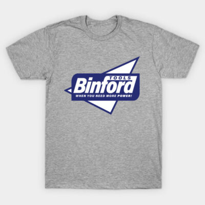 Gray "Binford Tools" T-shirt, short-sleeve, cotton blend, casual wear, bold blue and white logo on front.