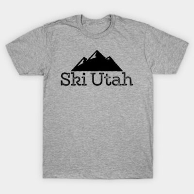 Gray "Ski Utah" t-shirt with mountain graphic, casual style, cotton material, unisex design. Perfect for ski enthusiasts.