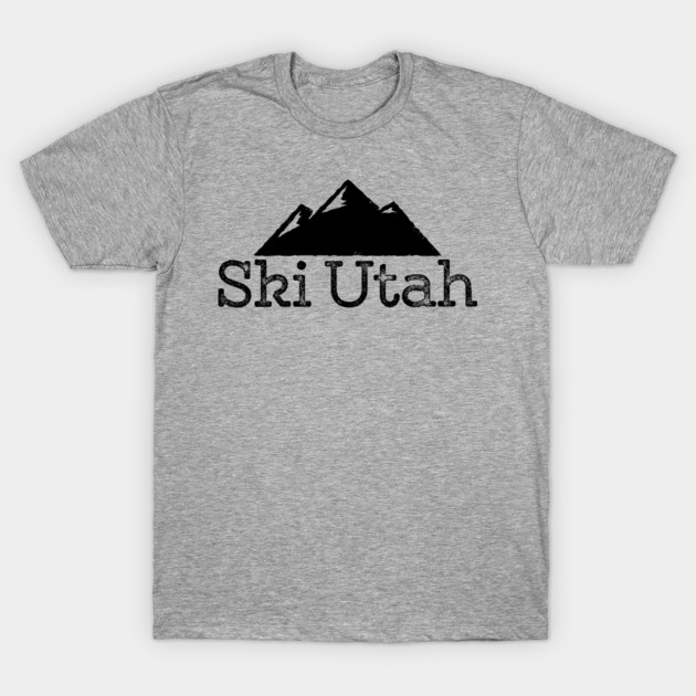 Gray "Ski Utah" t-shirt with mountain graphic, casual style, cotton material, unisex design. Perfect for ski enthusiasts.