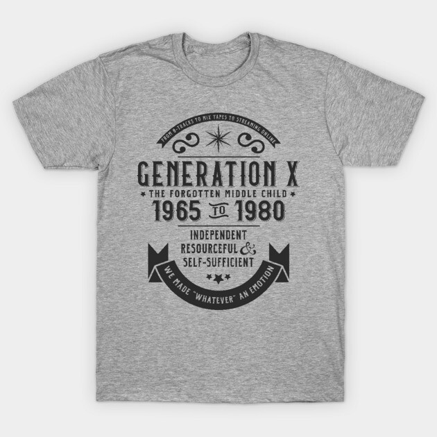 Gray Generation X T-shirt with black vintage text design, cotton material, casual style for everyday wear.