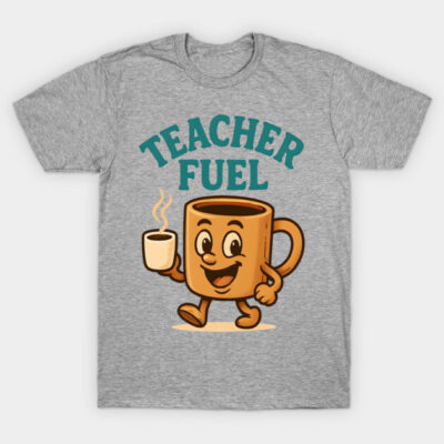 Gray t-shirt with "Teacher Fuel" print featuring a smiling coffee mug; casual wear, cotton blend.