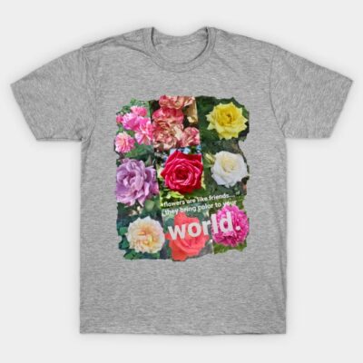 Gray t-shirt with colorful floral collage, soft fabric, casual style, perfect for everyday wear.