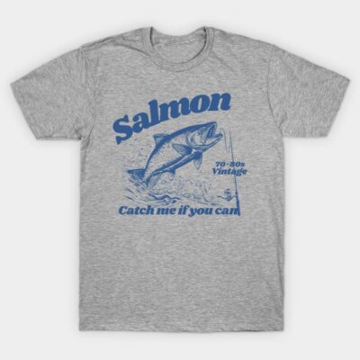 Gray vintage-style T-shirt with blue salmon fishing graphic and "Catch me if you can" text, casual unisex wear.
