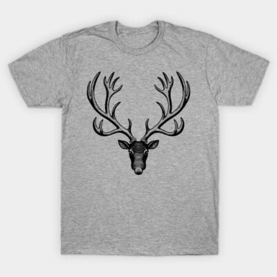 Gray t-shirt with black deer head design, casual style, cotton material, ideal for outdoor or casual wear.