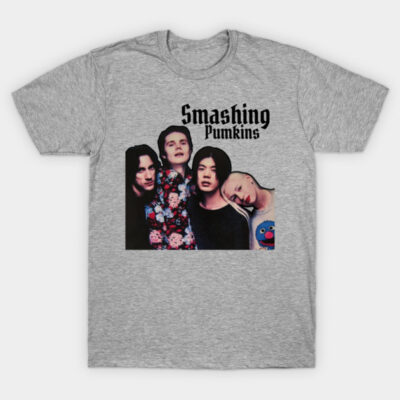 Gray Smashing Pumpkins graphic t-shirt, featuring vintage band photo, casual wear, cotton material.