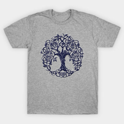 Gray t-shirt with navy Celtic tree design, casual style, cotton material, suitable for everyday wear.