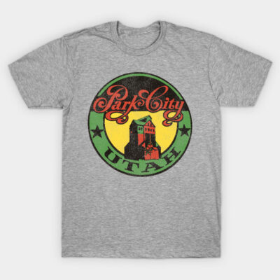 Gray Park City Utah graphic t-shirt, casual style, cotton material, featuring colorful circular design.