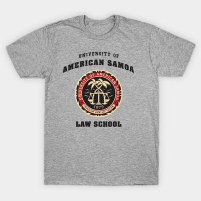 Gray t-shirt featuring "University of American Samoa Law School" design, casual wear, cotton blend material.