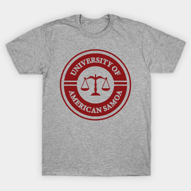 Gray University of American Samoa logo t-shirt, red scales of justice design, casual cotton apparel.