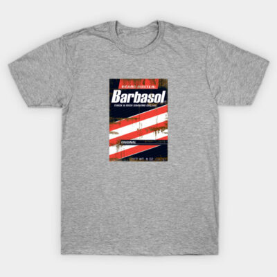 Gray T-shirt featuring vintage-style Barbasol shaving cream graphic, casual wear, soft cotton material.